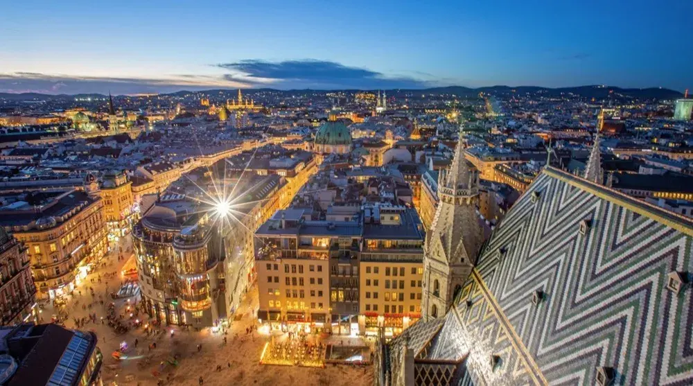 Panoramic evening view over Vienna city centre and St Stephen's Cathedral